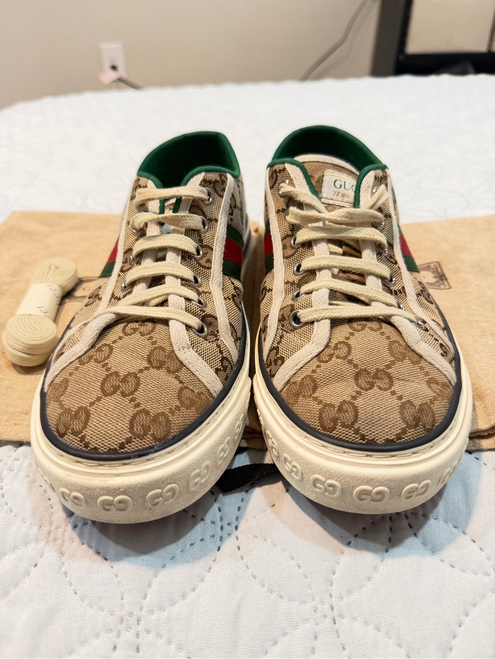 Gucci Brown GG Supreme Canvas Sneakers with Green and Red Web